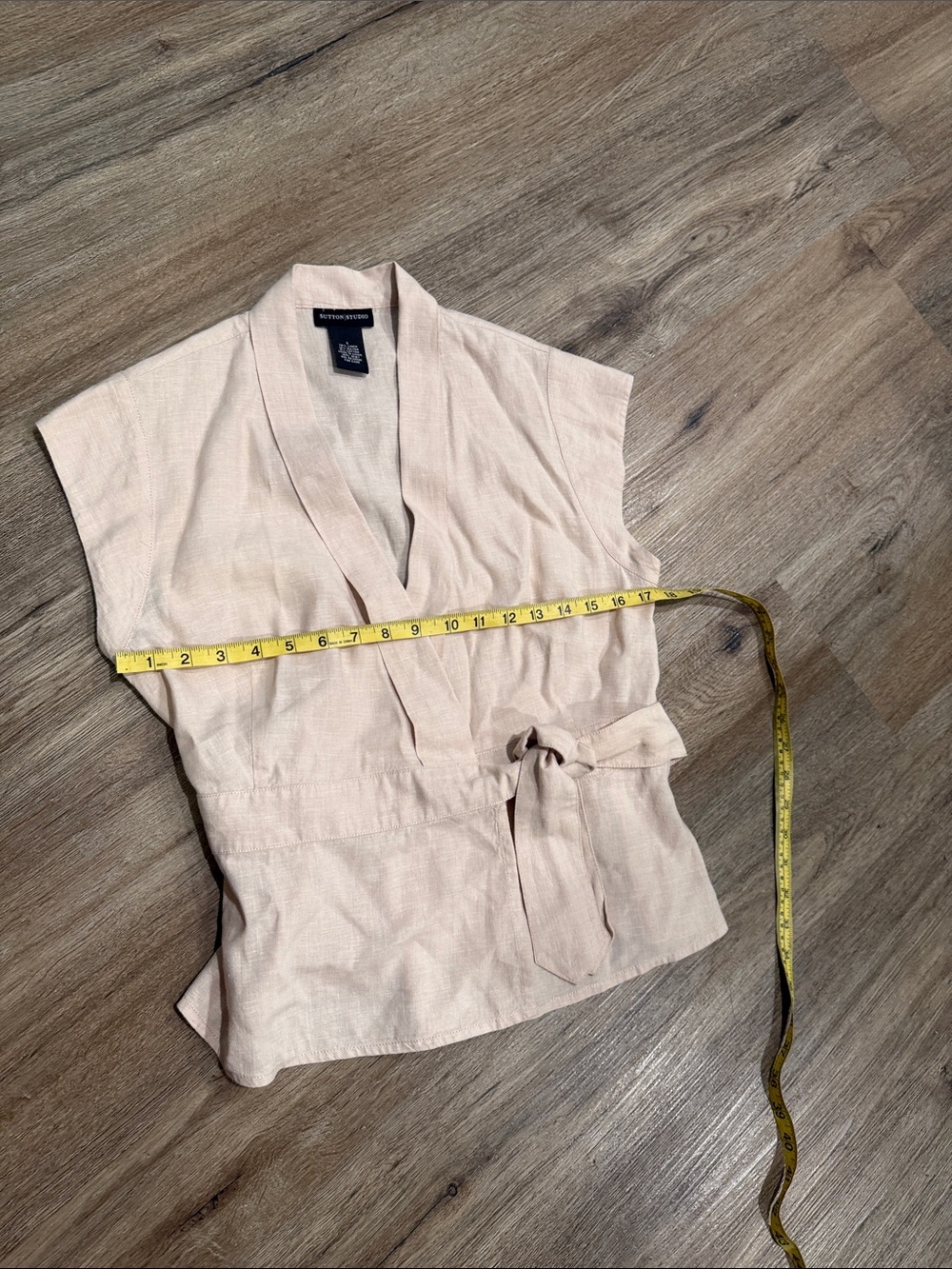 NWOT Sutton Studio Cream Tan Linen-Blend natural fiber Wrap Top - Picture 6 of 8
